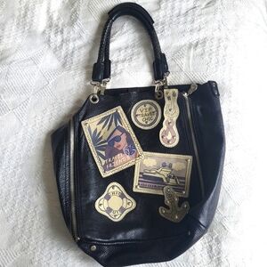 Barbara Rihl Black Leather Tote Bag with Travel Patches Silver Zipper